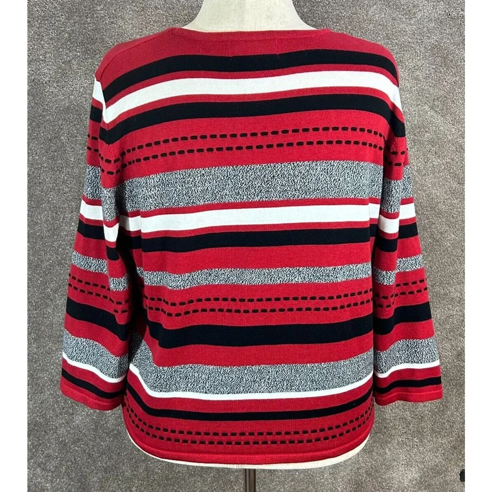 Alfred Dunner Sweater Womens XL Red Gray‎ Stripe Pullover 3/4 Sleeve Round Neck